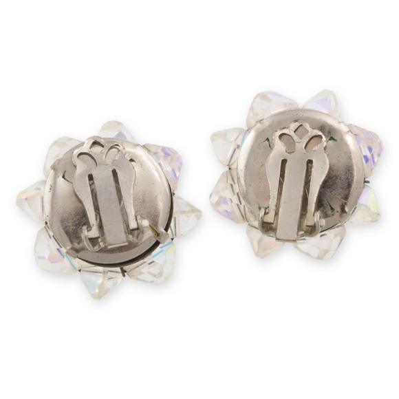 Vintage Aurora Borealis Crystal Beaded Clip On Earrings Iridescent Mid-Century - Picture 3 of 4